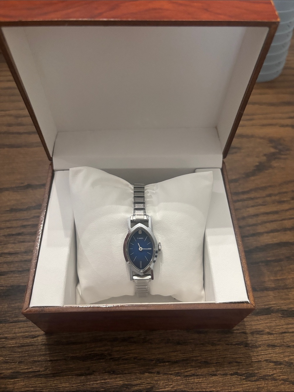Vintage Timex Marquise Silver & Navy Blue Dainty Stretch Watch - Working!